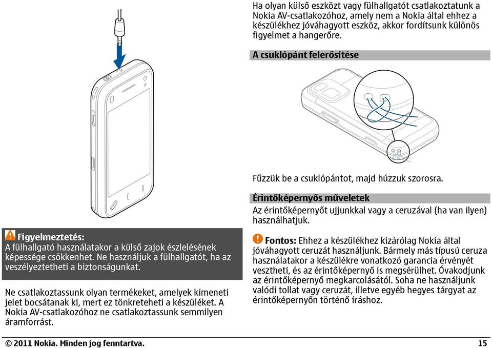 Figyelmeztetés: A fülhallgató használatakor a külső zajok észlelésének képessége csökkenhet. Ne használjuk a fülhallgatót, ha az veszélyeztetheti a biztonságunkat.