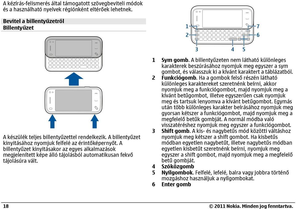 A billentyűzeten nem látható különleges karakterek beszúrásához nyomjuk meg egyszer a sym gombot, és válasszuk ki a kívánt karaktert a táblázatból. 2 Funkciógomb.