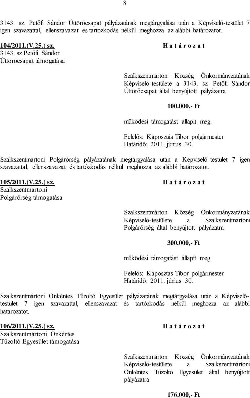 000,- Ft Szalkszentmártoni Polgárőrség pályázatának megtárgyalása után a Képviselő-testület 7 igen szavazattal, ellenszavazat és tartózkodás nélkül meghozza az alábbi határozatot. 105/2011.(V.25.) sz.