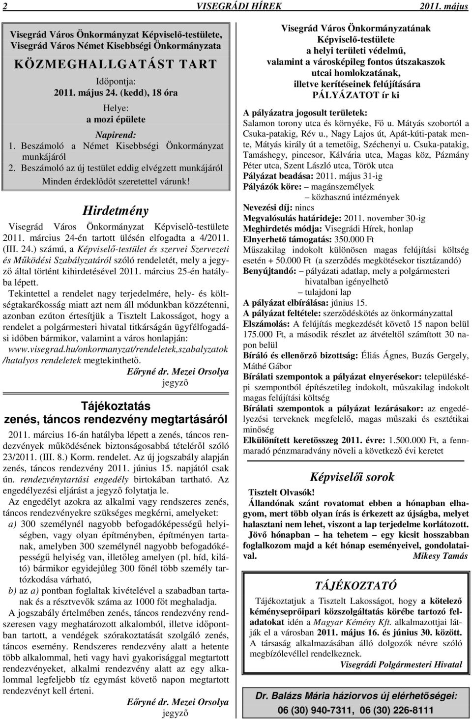Hirdetmény Visegrád Város Önkormányzat Képvisel -testülete 2011. március 24-