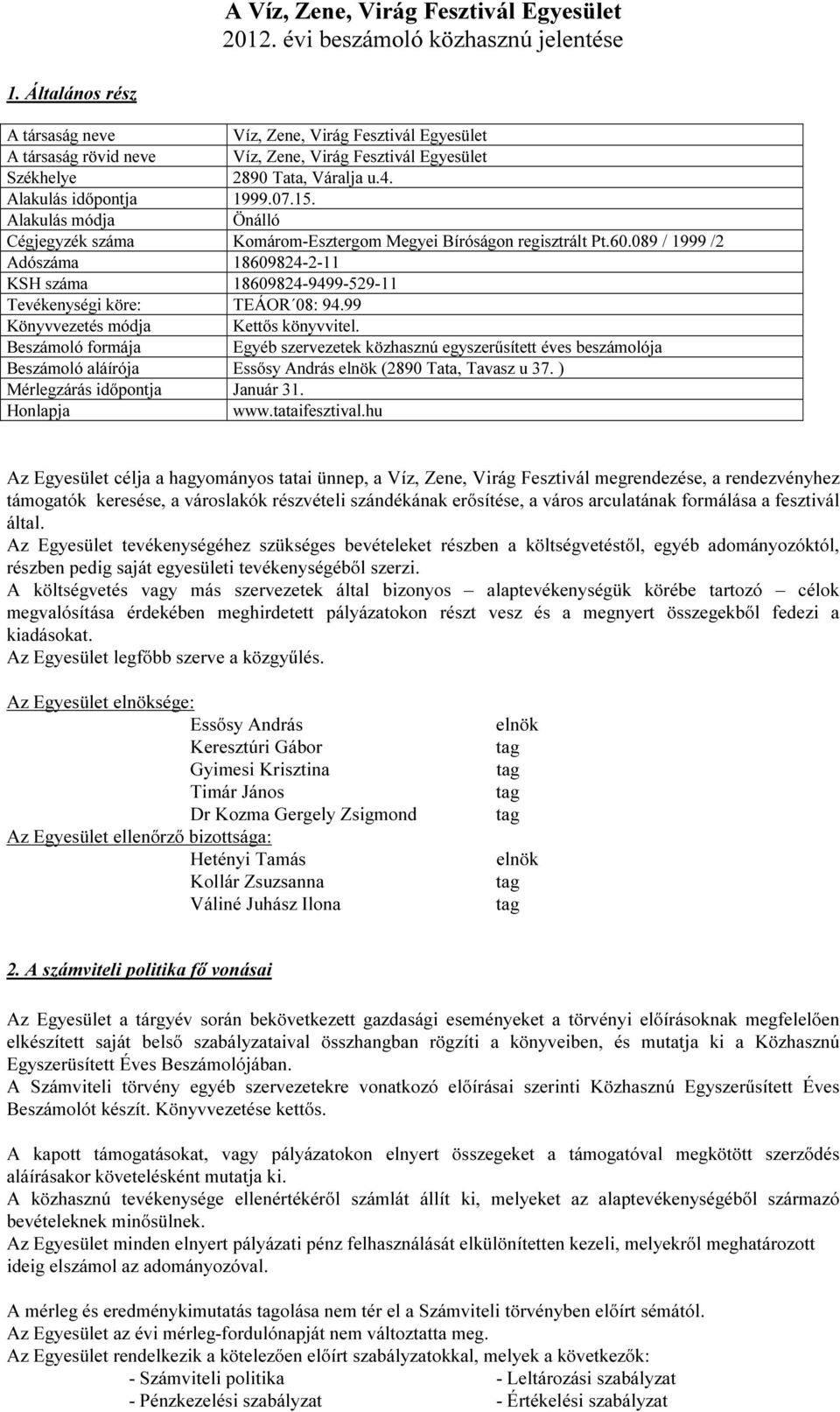 Alakulás módja Önálló Cégjegyzék száma Komárom-Esztergom Megyei Bíróságon regisztrált Pt.60.089 / 1999 /2 Adószáma 18609824-2-11 KSH száma 18609824-9499-529-11 Tevékenységi köre: TEÁOR 08: 94.