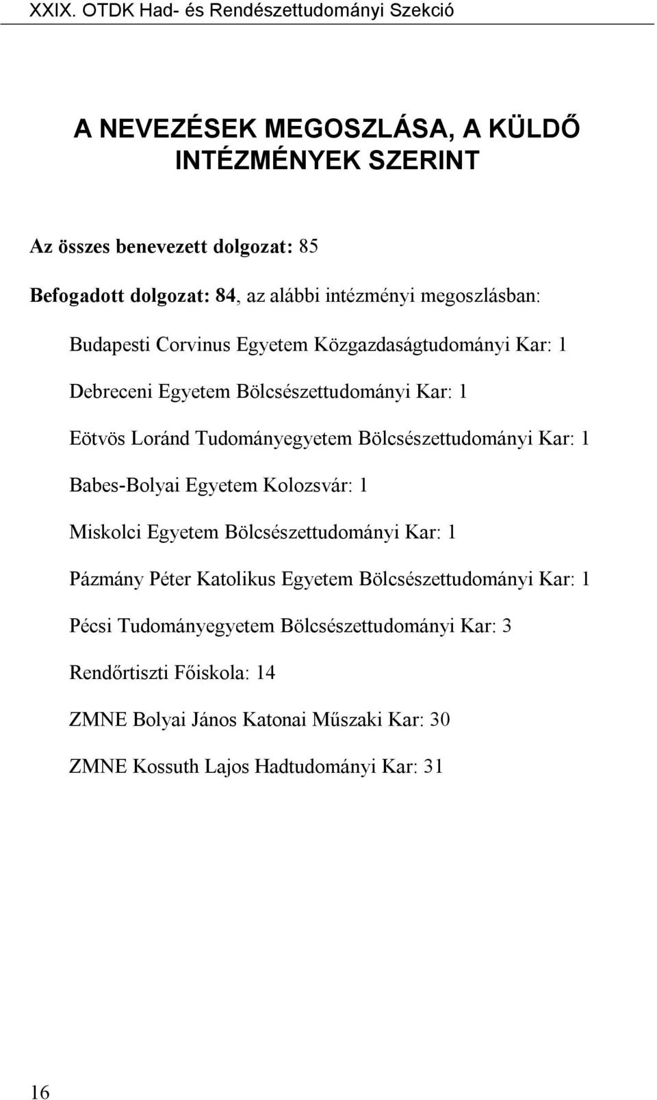 Bölcsészettudományi Kar: 1 Babes-Bolyai Egyetem Kolozsvár: 1 Miskolci Egyetem Bölcsészettudományi Kar: 1 Pázmány Péter Katolikus Egyetem Bölcsészettudományi Kar: