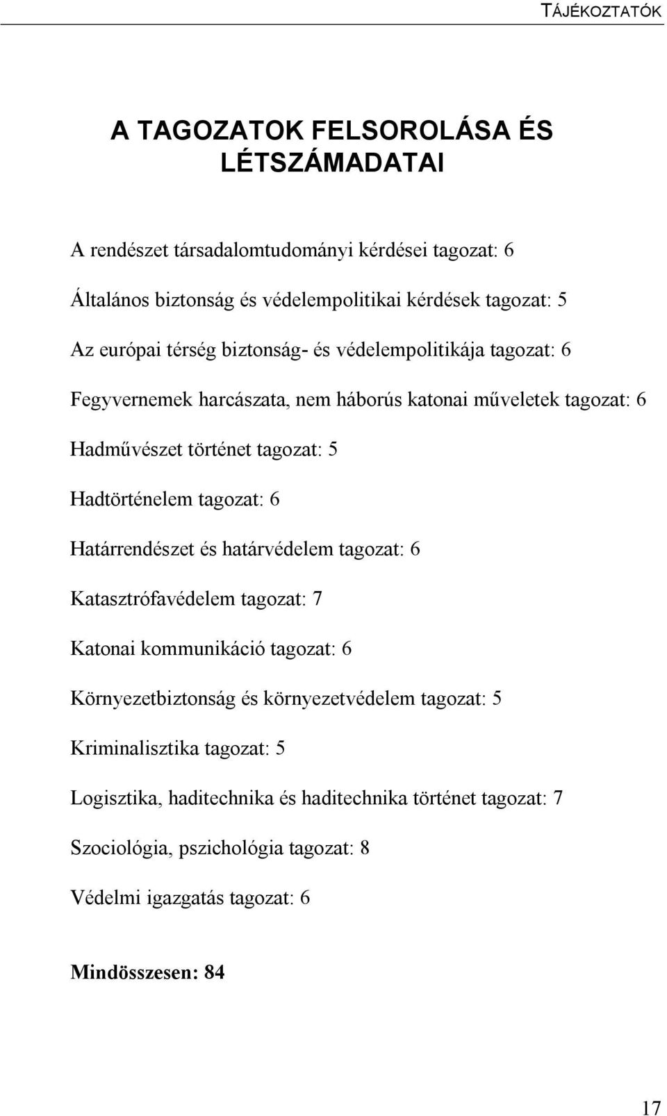 tagozat: 6 Határrendészet és határvédelem tagozat: 6 Katasztrófavédelem tagozat: 7 Katonai kommunikáció tagozat: 6 Környezetbiztonság és környezetvédelem tagozat: 5