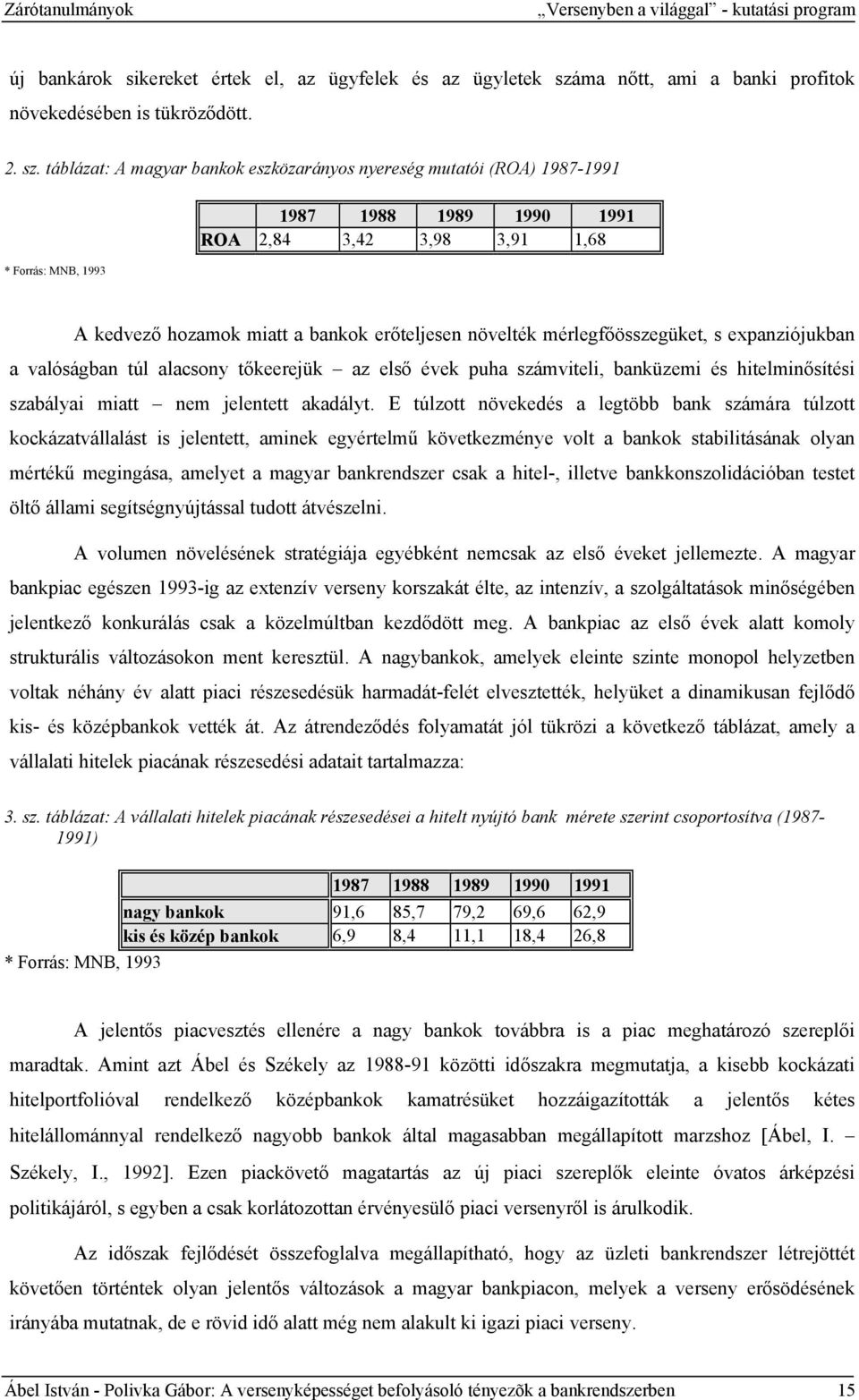 táblázat: A magyar bankok eszközarányos nyereség mutatói (ROA) 1987-1991 * Forrás: MNB, 1993 1987 1988 1989 1990 1991 ROA 2,84 3,42 3,98 3,91 1,68 A kedvező hozamok miatt a bankok erőteljesen