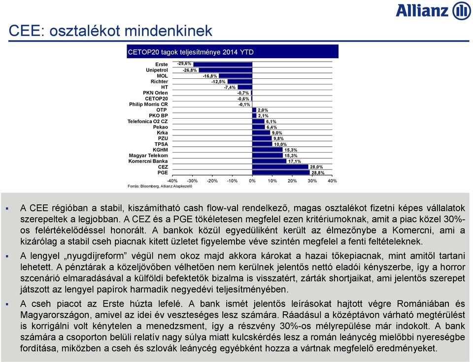 Allianz Alapkezelő A CEE régióban a stabil, kiszámítható cash flow-val rendelkező, magas osztalékot fizetni képes vállalatok szerepeltek a legjobban.