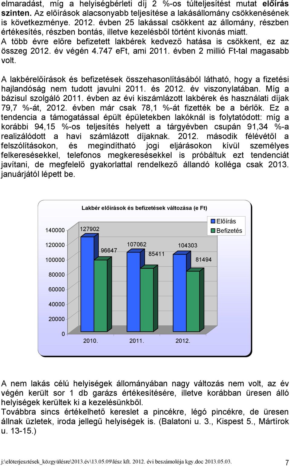 A több évre előre befizetett lakbérek kedvező hatása is csökkent, ez az összeg 2012. év végén 4.747 eft, ami 2011. évben 2 millió Ft-tal magasabb volt.