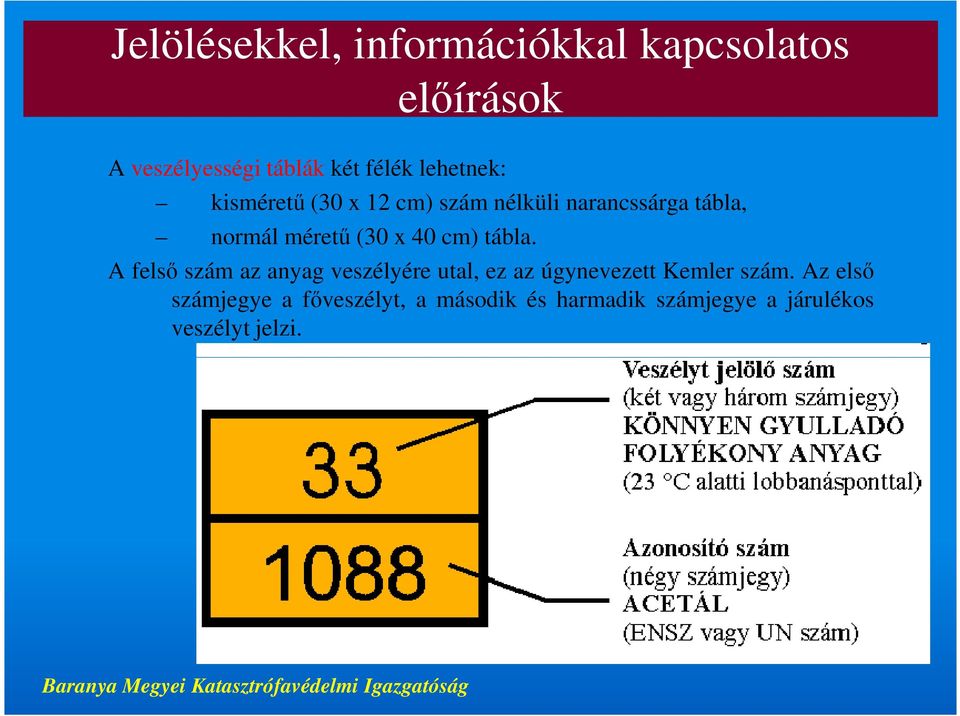 40 cm) tábla. A felső szám az anyag veszélyére utal, ez az úgynevezett Kemler szám.