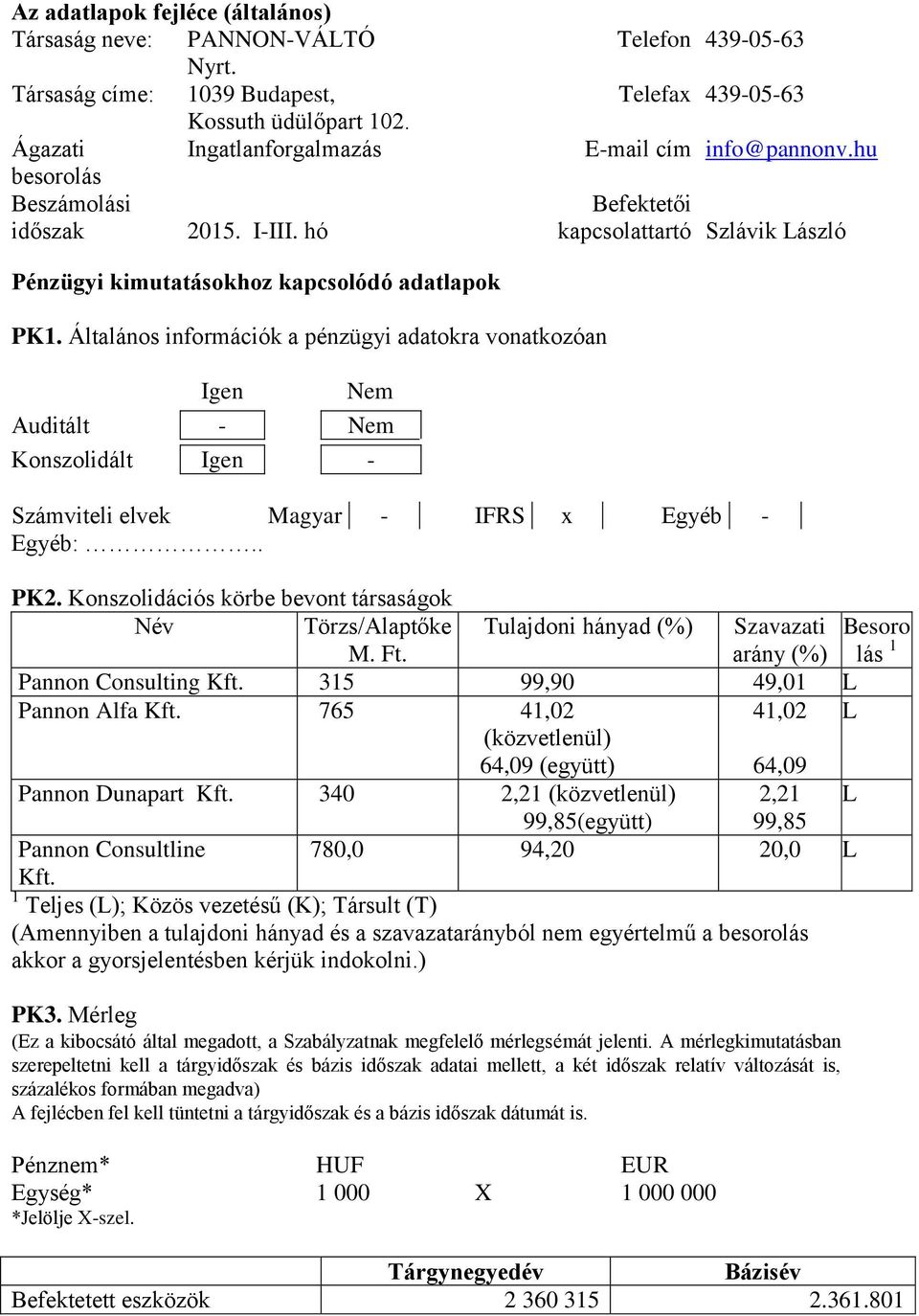 Általános információk a pénzügyi adatokra vonatkozóan Igen Nem Auditált - Nem Konszolidált Igen - Számviteli elvek Magyar - IFRS x Egyéb - Egyéb:.. PK2.