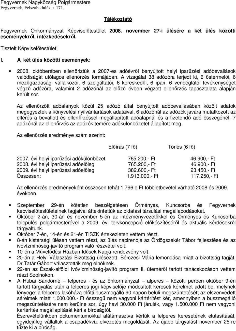 októberében ellenőriztük a 2007-es adóévről benyújtott helyi iparűzési adóbevallások valódiságát utólagos ellenőrzés formájában.