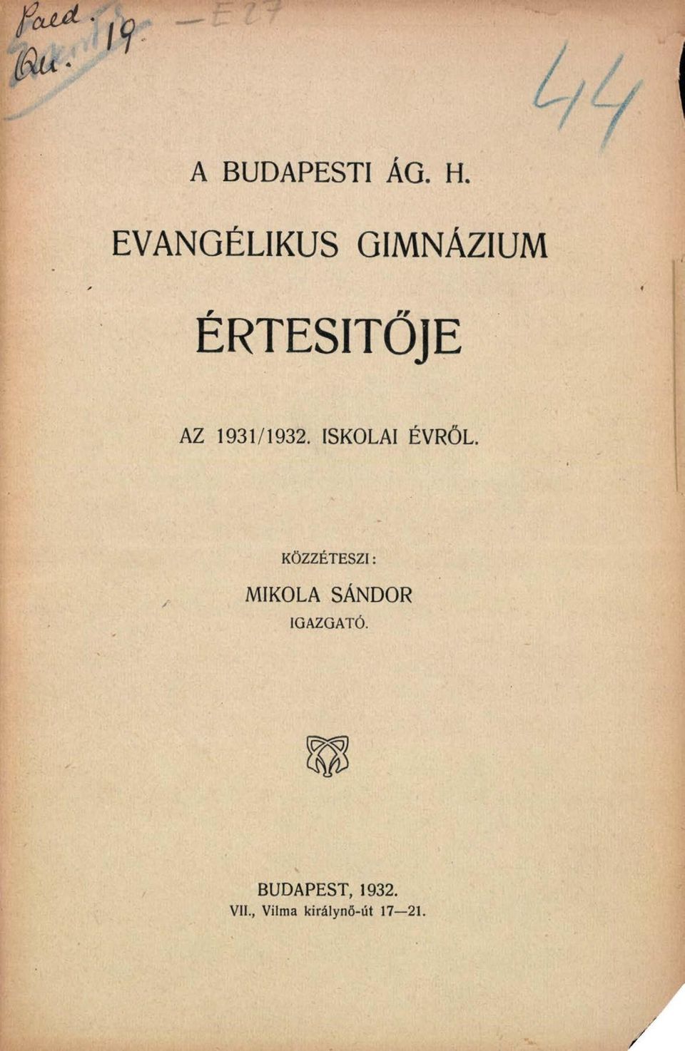 1931/1932. ISKOLAI ÉVRŐL.