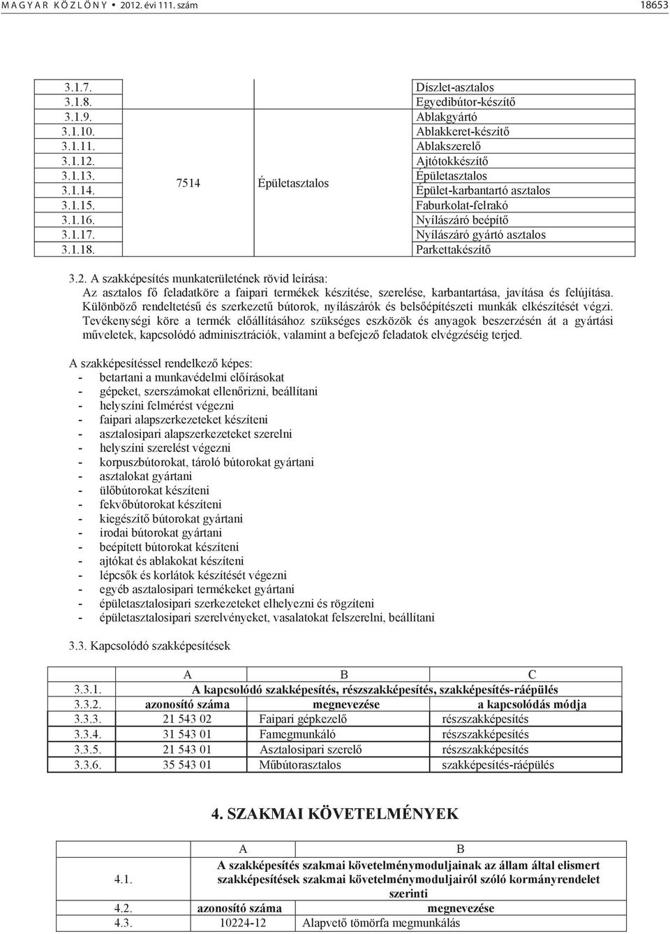 A szakképesítés munkaterületének rövid leírása: Az asztalos f feladatköre a faipari termékek készítése, szerelése, karbantartása, javítása és felújítása.