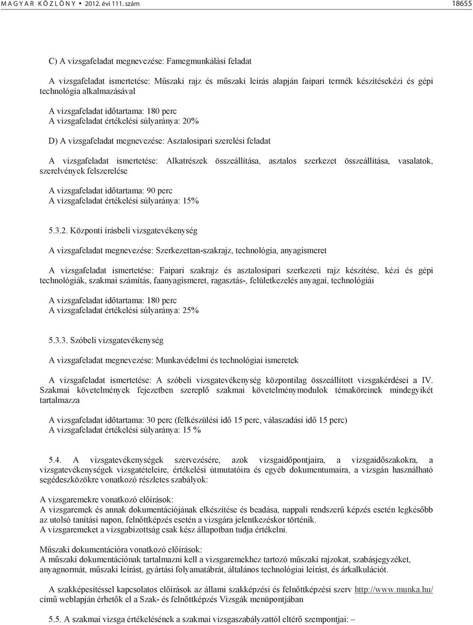 vizsgafeladat id tartama: 180 perc A vizsgafeladat értékelési súlyaránya: 20% D) A vizsgafeladat megnevezése: Asztalosipari szerelési feladat A vizsgafeladat ismertetése: Alkatrészek összeállítása,