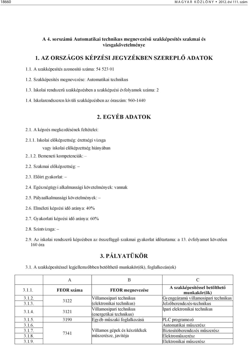 1.1. Iskolai el képzettség: érettségi vizsga vagy iskolai el képzettség hiányában 2..1.2. Bemeneti kompetenciák: 2.2. Szakmai el képzettség: 2.3. El írt gyakorlat: 2. EGYÉB ADATOK 2.4.