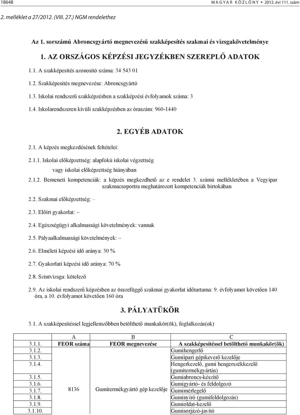 4. Iskolarendszeren kívüli szakképzésben az óraszám: 960-1440 2.1. A képzés megkezdésének feltételei: 2. EGYÉB ADATOK 2.1.1. Iskolai el képzettség: alapfokú iskolai végzettség vagy iskolai el képzettség hiányában 2.