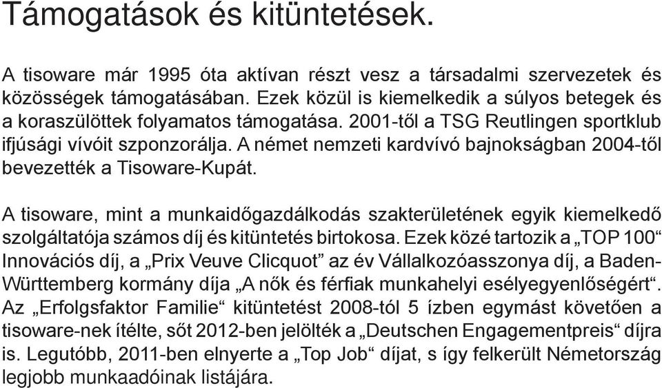 A német nemzeti kardvívó bajnokságban 2004-től bevezették a Tisoware-Kupát. A tisoware, mint a munkaidőgazdálkodás szakterületének egyik kiemelkedő szolgáltatója számos díj és kitüntetés birtokosa.