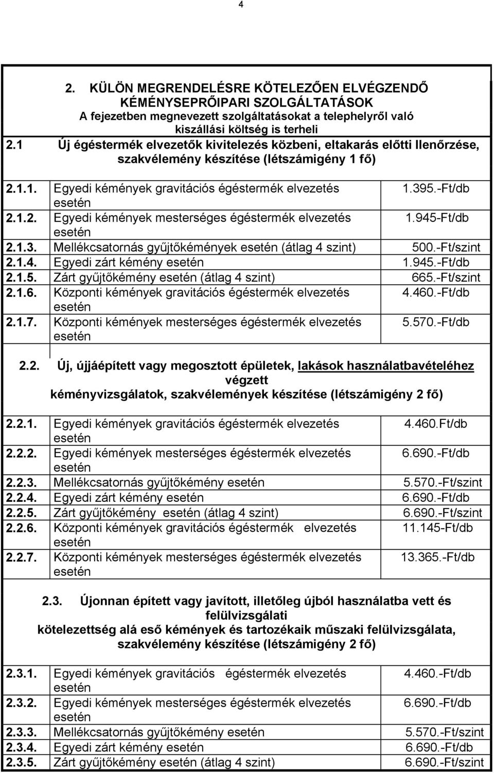 945-Ft/db 2.1.3. Mellékcsatornás gyűjtőkémények (átlag 4 szint) 500.-Ft/szint 2.1.4. Egyedi zárt kémény 1.945.-Ft/db 2.1.5. Zárt gyűjtőkémény (átlag 4 szint) 66