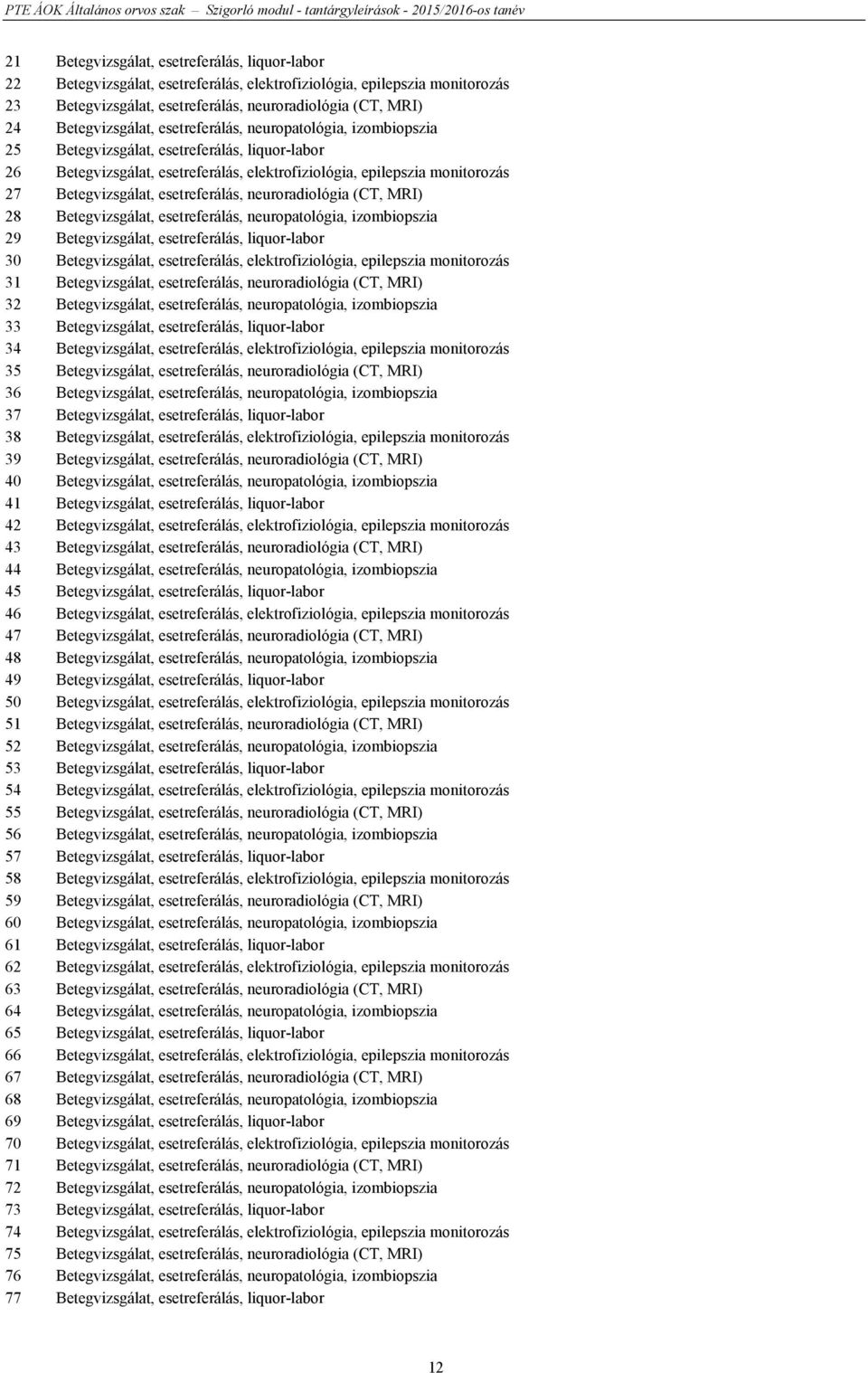 Betegvizsgálat, esetreferálás, neuroradiológia (CT, MRI) 28 Betegvizsgálat, esetreferálás, neuropatológia, izombiopszia 29 Betegvizsgálat, esetreferálás, liquor-labor 30 Betegvizsgálat,