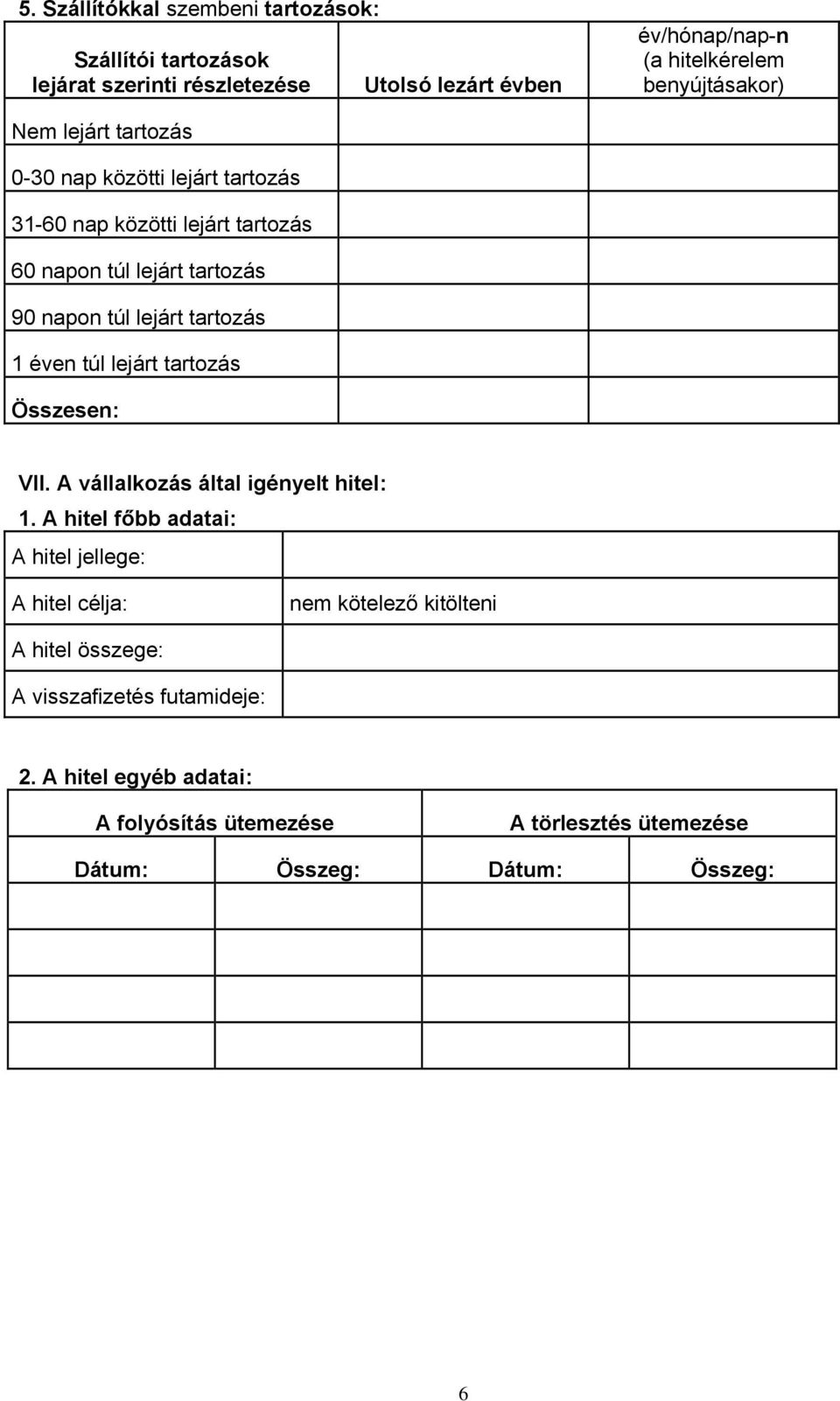 tartozás 1 éven túl lejárt tartozás Összesen: VII. A vállalkozás által igényelt hitel: 1.