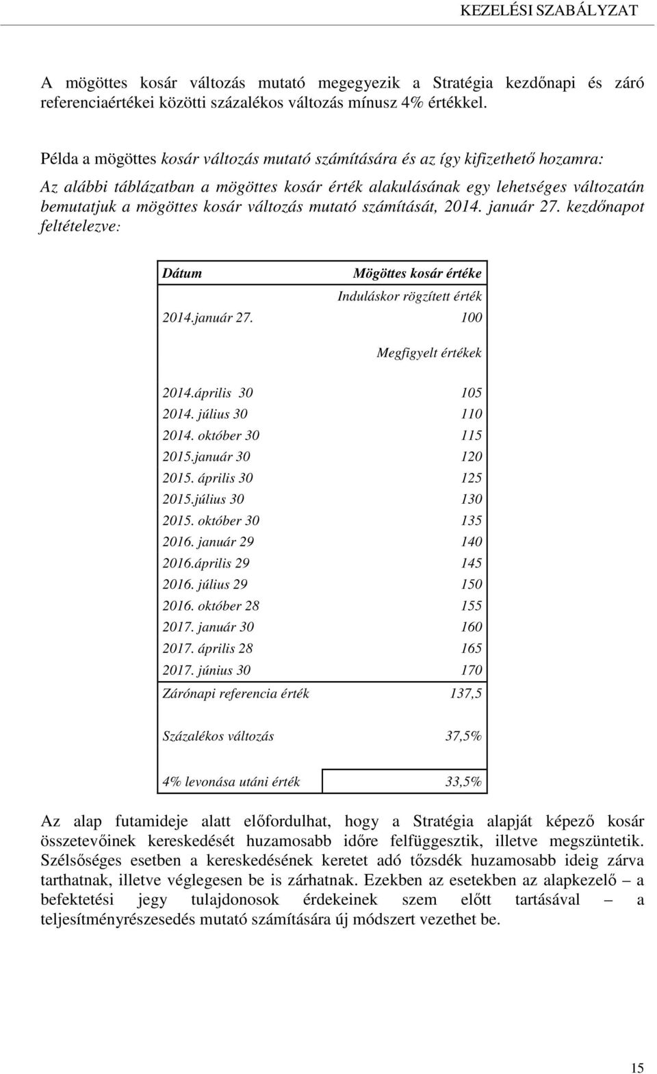 változás mutató számítását, 2014. január 27. kezdőnapot feltételezve: Dátum Mögöttes kosár értéke Induláskor rögzített érték 2014.január 27. 100 Megfigyelt értékek 2014.április 30 105 2014.