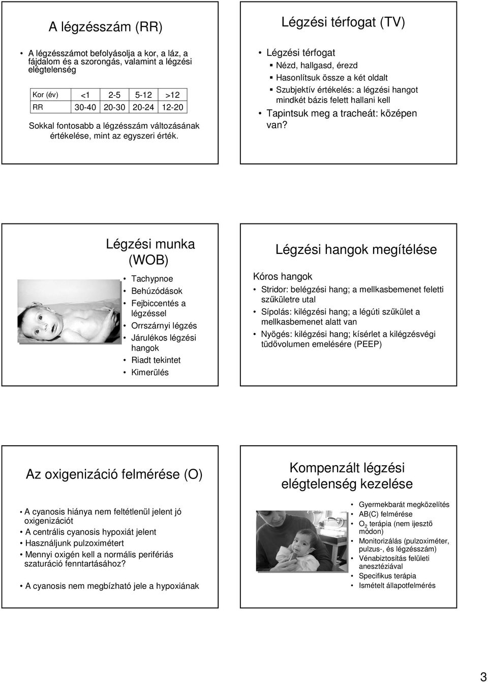 Légzési munka (WOB) Tachypnoe Behúzódások Fejbiccentés a légzéssel Orrszárnyi légzés Járulékos légzési hangok Riadt tekintet Kimerülés Az oxigenizáció felmérése (O) A cyanosis hiánya nem feltétlenül
