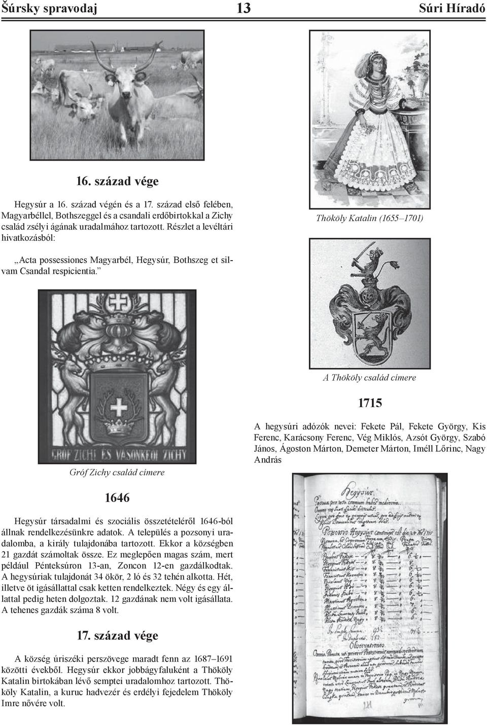 Thököly Katalin (1655 1701) Gróf Zichy család címere 1646 Hegysúr társadalmi és szociális összetételéről 1646-ból állnak rendelkezésünkre adatok.