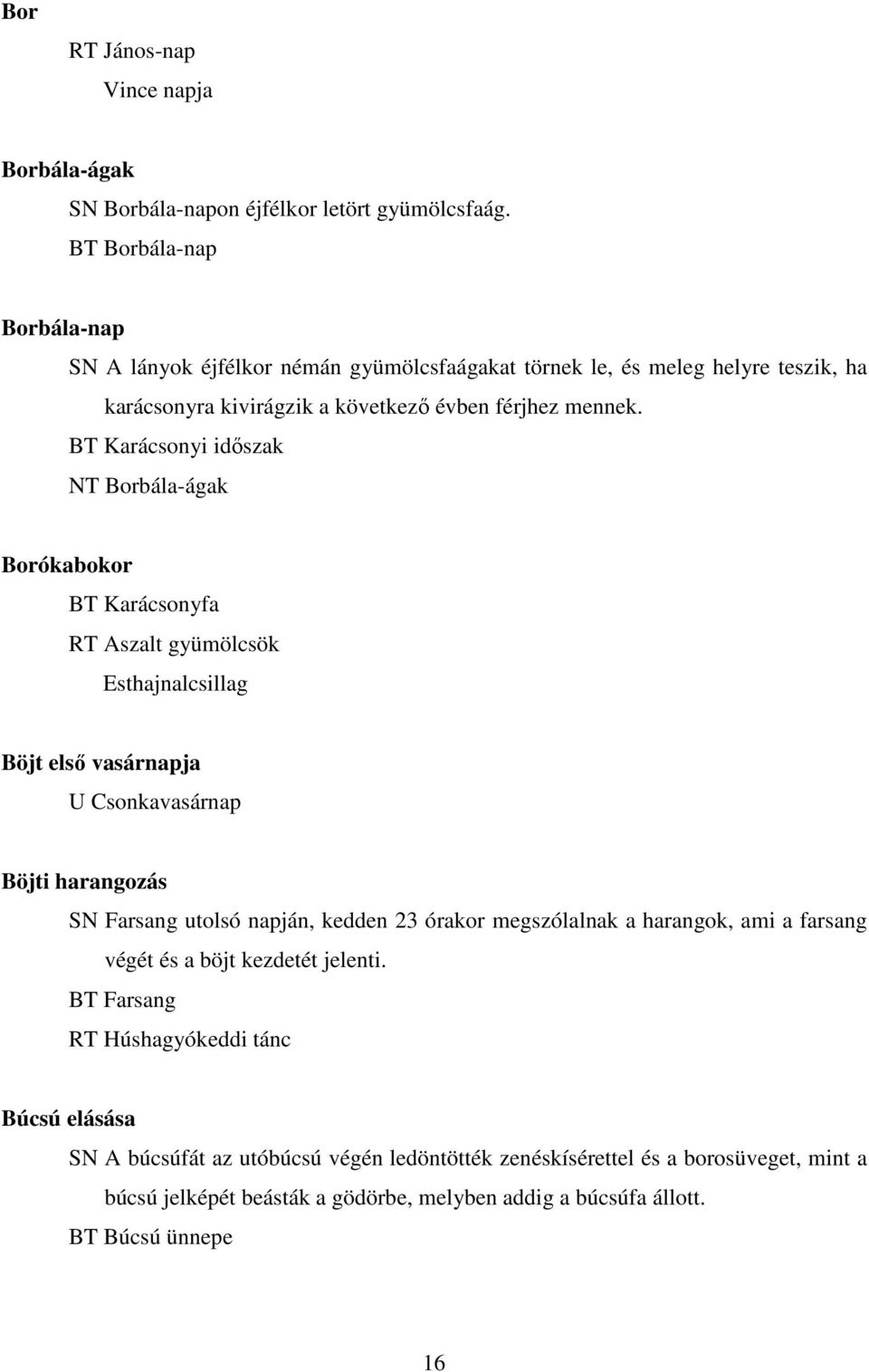 BT Karácsonyi idıszak NT Borbála-ágak Borókabokor BT Karácsonyfa RT Aszalt gyümölcsök Esthajnalcsillag Böjt elsı vasárnapja U Csonkavasárnap Böjti harangozás SN Farsang utolsó napján,