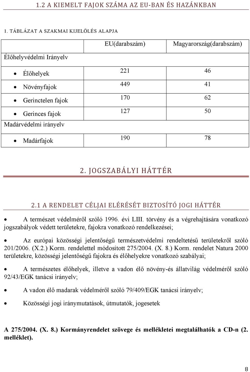 170 62 127 50 190 78 2. JOGSZABÁLYI HÁTTÉR 2.1 A RENDELET CÉLJAI ELÉRÉSÉT BIZTOSÍTÓ JOGI HÁTTÉR A természet védelméről szóló 1996. évi LIII.