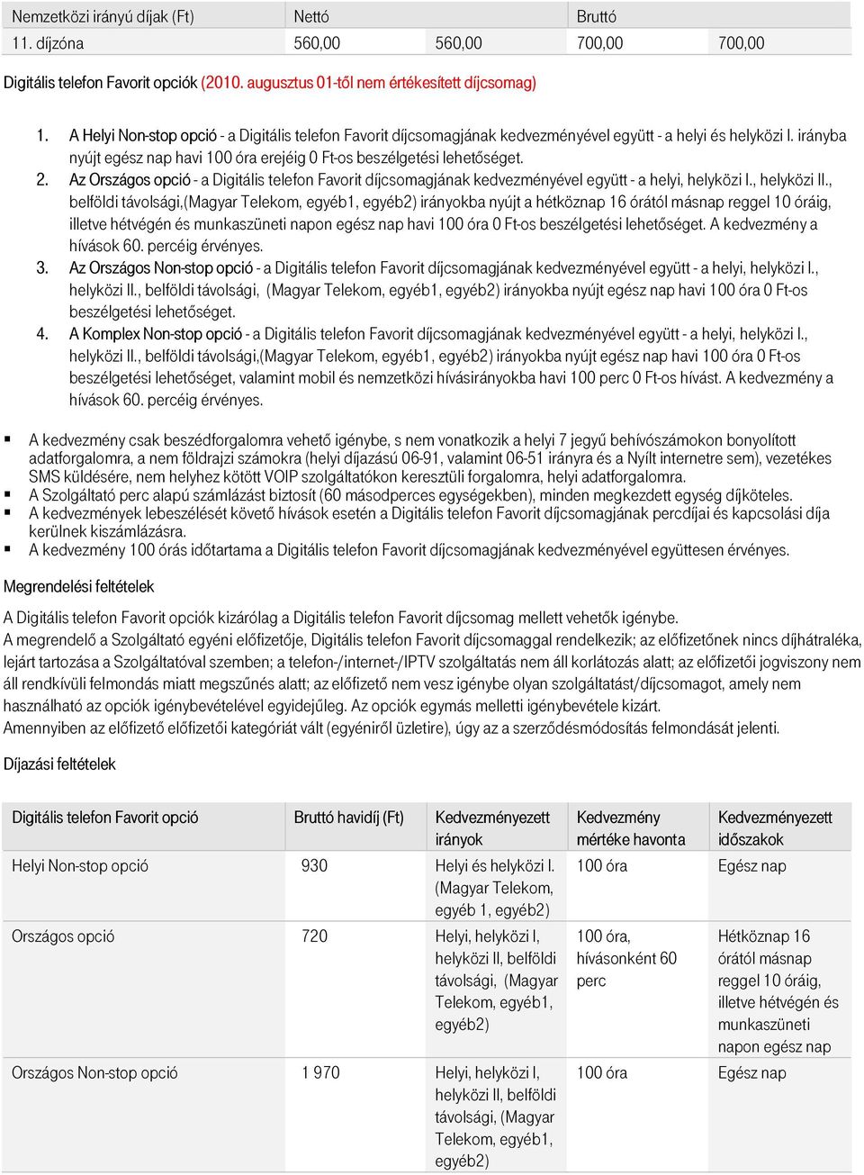 Az Országos opció - a Digitális telefon Favorit díjcsomagjának kedvezményével együtt - a helyi, helyközi I., helyközi II.