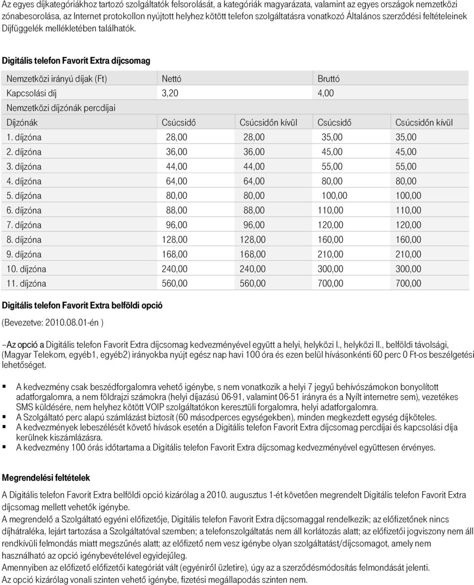 Digitális telefon Favorit Extra díjcsomag Nemzetközi irányú díjak (Ft) Nettó Bruttó Kapcsolási díj 3,20 4,00 Nemzetközi díjzónák percdíjai Díjzónák Csúcsidő Csúcsidőn kívül Csúcsidő Csúcsidőn kívül 1.