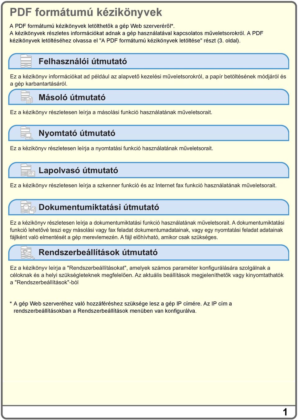 Felhasználói útmutató Ez a kézikönyv információkat ad például az alapvető kezelési műveletsorokról, a papír betöltésének módjáról és a gép karbantartásáról.