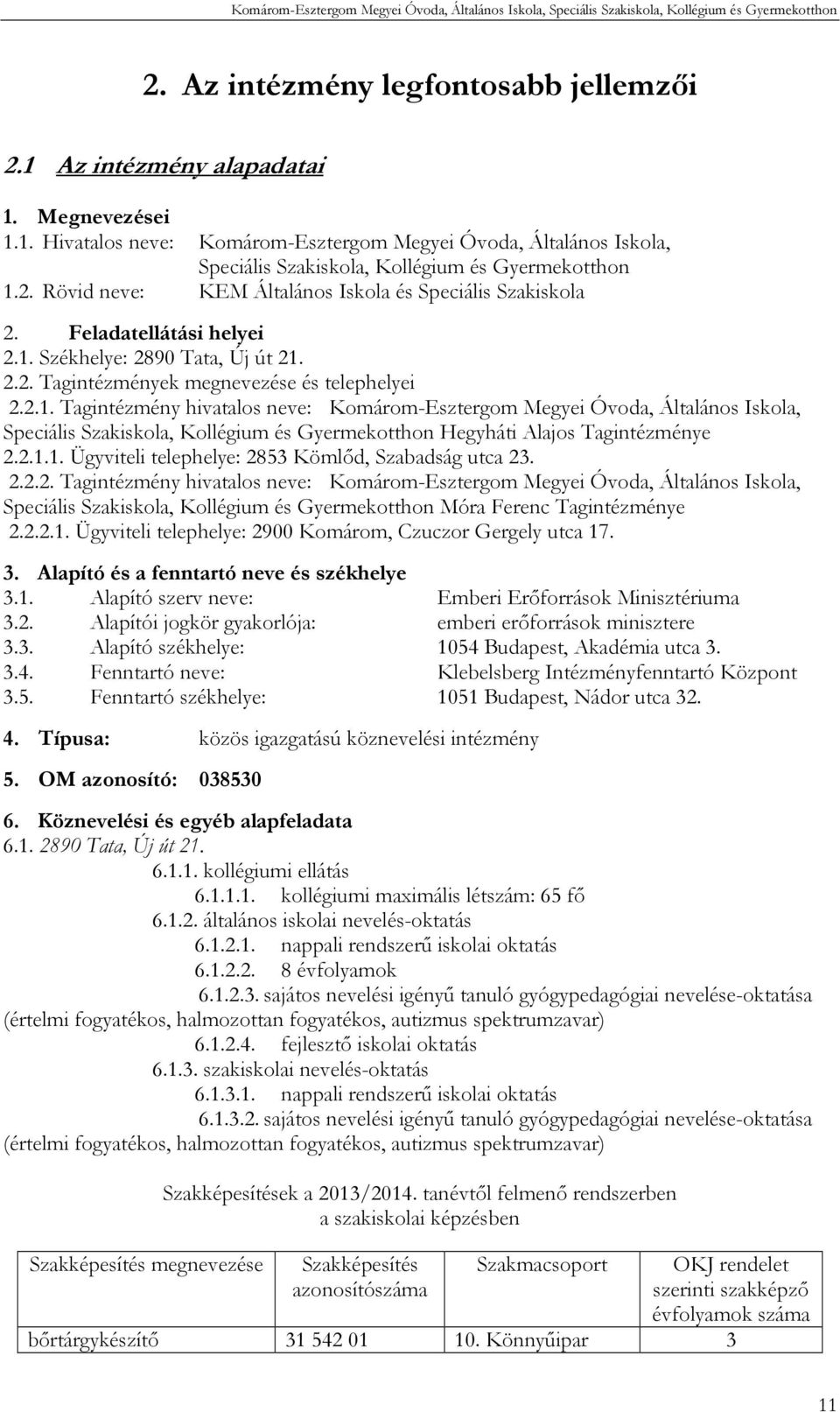 Székhelye: 2890 Tata, Új út 21. 2.2. Tagintézmények megnevezése és telephelyei 2.2.1. Tagintézmény hivatalos neve: Komárom-Esztergom Megyei Óvoda, Általános Iskola, Speciális Szakiskola, Kollégium és Gyermekotthon Hegyháti Alajos Tagintézménye 2.