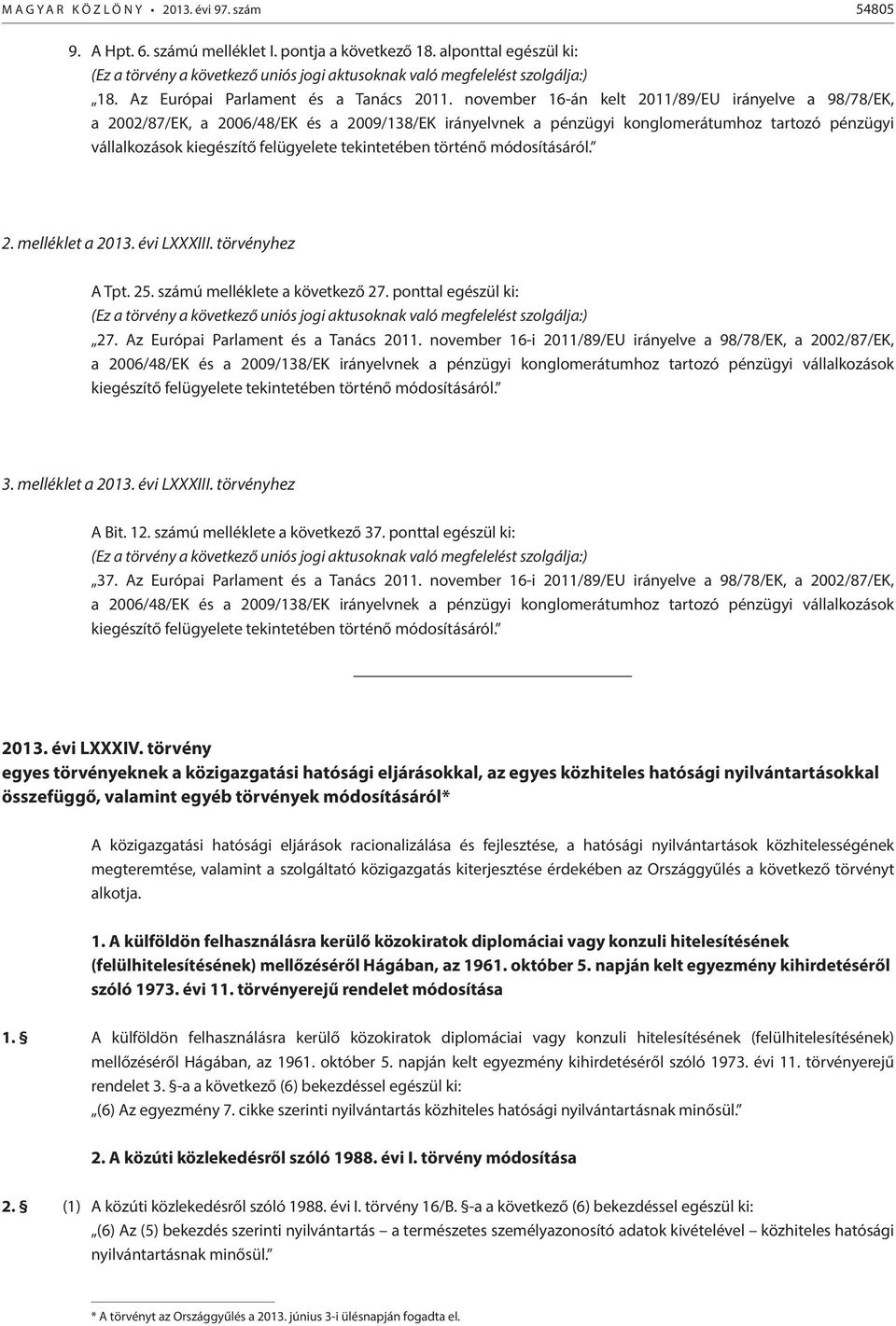 november 16-án kelt 2011/89/EU irányelve a 98/78/EK, a 2002/87/EK, a 2006/48/EK és a 2009/138/EK irányelvnek a pénzügyi konglomerátumhoz tartozó pénzügyi vállalkozások kiegészítő felügyelete