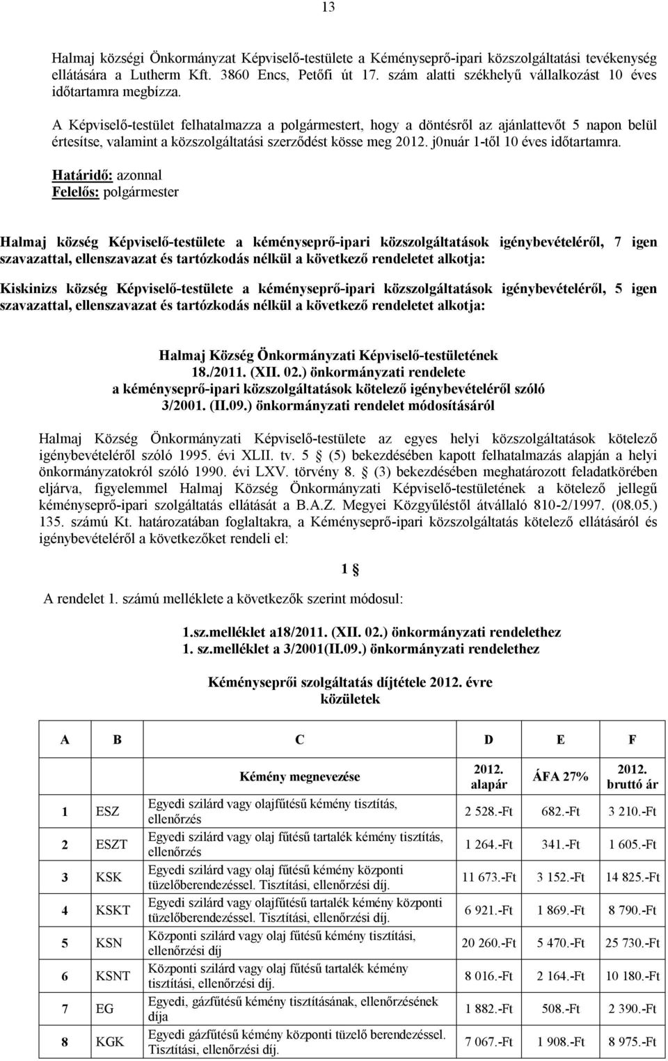 A Képviselő-testület felhatalmazza a polgármestert, hogy a döntésről az ajánlattevőt 5 napon belül értesítse, valamint a közszolgáltatási szerződést kösse meg 2012. j0nuár 1-től 10 éves időtartamra.