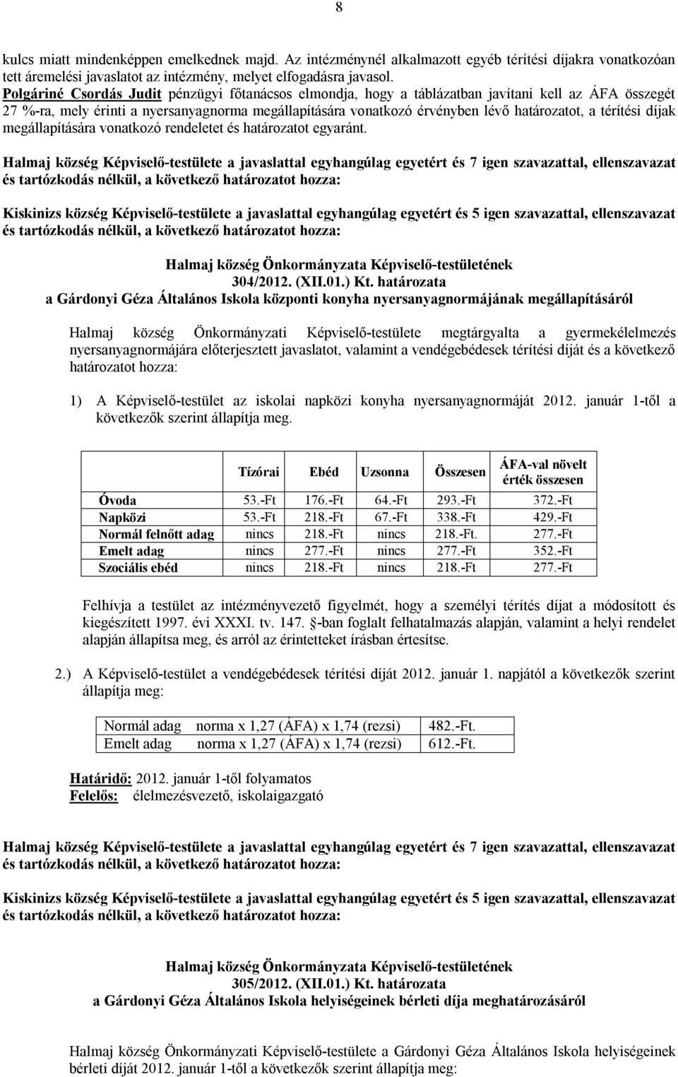 térítési díjak megállapítására vonatkozó rendeletet és határozatot egyaránt.