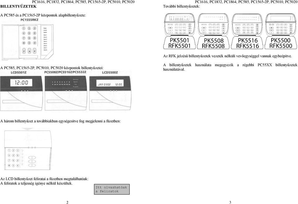 A PC585, PC1565-2P, PC5010, PC5020 központok billentyűzetei: A billentyűzetek használata megegyezik a régebbi PC55XX billentyűzetek