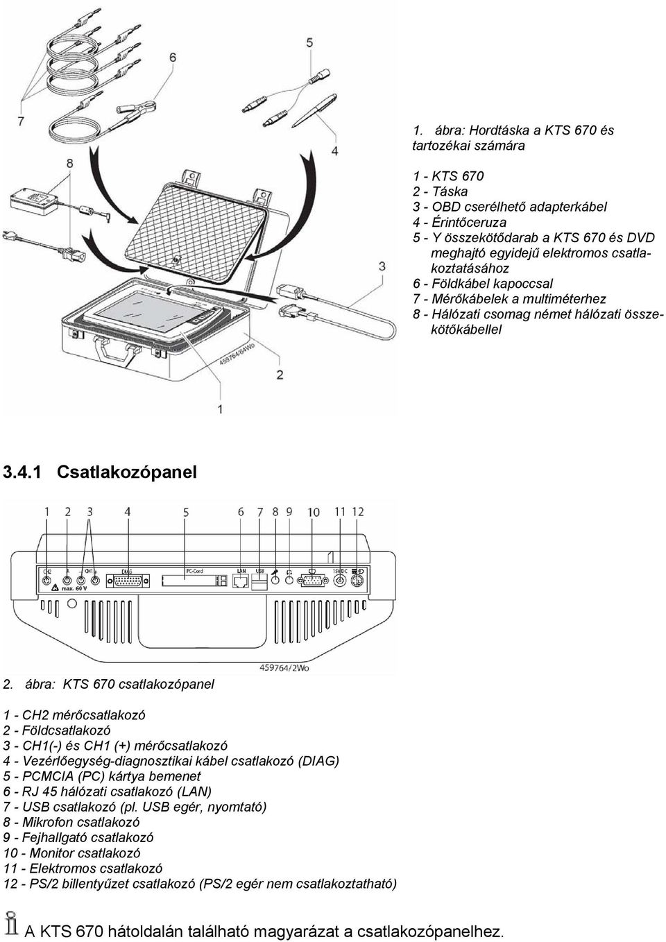 ábra: KTS 670 csatlakozópanel 1 - CH2 mérőcsatlakozó 2 - Földcsatlakozó 3 - CH1(-) és CH1 (+) mérőcsatlakozó 4 - Vezérlőegység-diagnosztikai kábel csatlakozó (DIAG) 5 - PCMCIA (PC) kártya bemenet 6 -