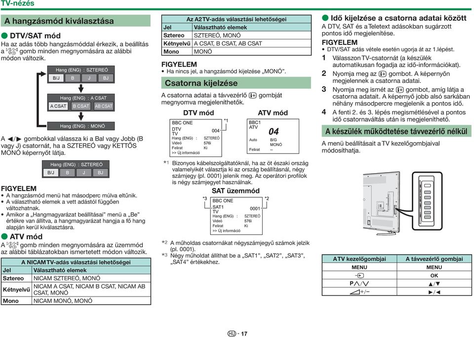 Hang (ENG) SZTEREÓ B/J B J BJ A hangzásmód menü hat másodperc múlva eltűnik. A választható elemek a vett adástól függően változhatnak.