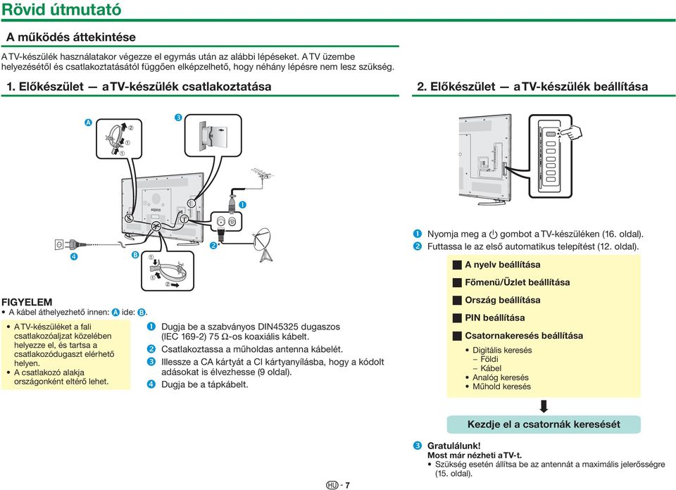 Előkészület a TV-készülék beállítása Nyomja meg a a gombot a TV-készüléken (16. oldal). Futtassa le az első automatikus telepítést (12. oldal). w A nyelv beállítása w Főmenü/Üzlet beállítása A kábel áthelyezhető innen: ide:.