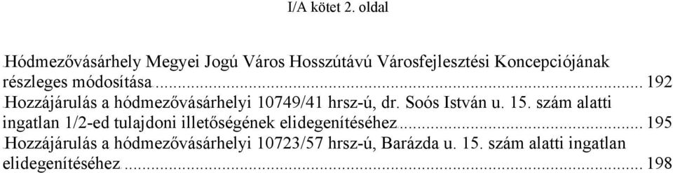 módosításaut... 192 TUHozzájárulás a hódmezővásárhelyi 10749/41 hrsz-ú, dr. Soós István u. 15.