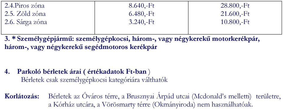 Parkoló bérletek árai ( értékadatok Ft-ban ) Bérletek csak személygépkocsi kategóriára válthatók Korlátozás: Bérletek az