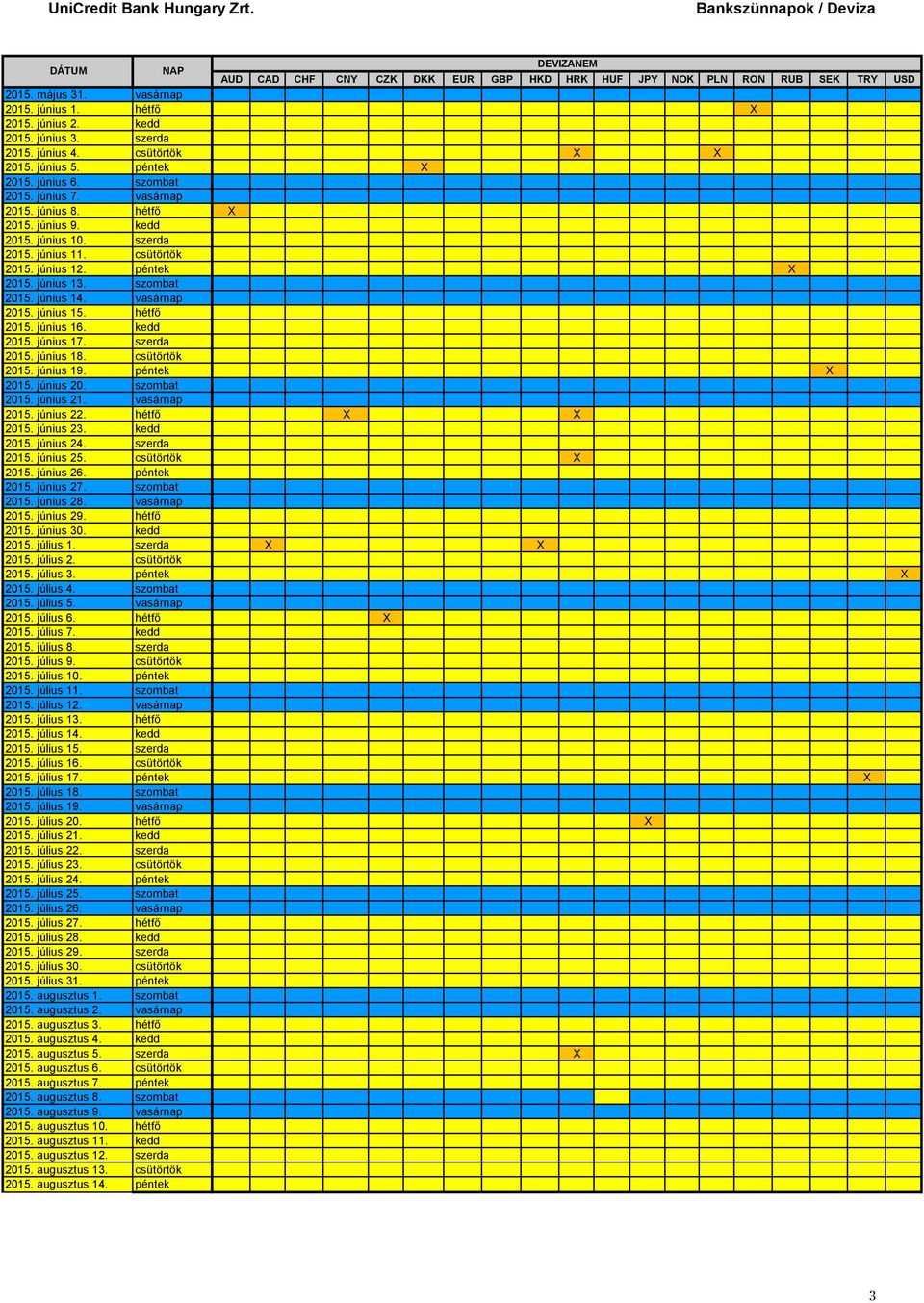 péntek X 2015. június 13. szombat 2015. június 14. vasárnap 2015. június 15. hétfő 2015. június 16. kedd 2015. június 17. szerda 2015. június 18. csütörtök 2015. június 19. péntek X 2015. június 20.