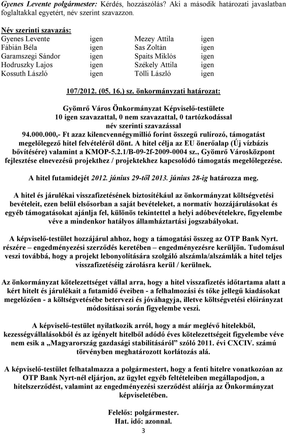 Tölli László igen 107/2012. (05. 16.) sz. önkormányzati határozat: név szerinti szavazással 94.000.