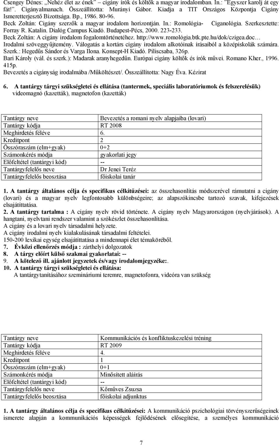 Katalin. Dialóg Campus Kiadó. Budapest-Pécs, 2000. 223-233. Beck Zoltán: A cigány irodalom fogalomtörténetéhez. http://www.romológia.btk.pte.hu/dok/czigea.doc Irodalmi szöveggyűjtemény.