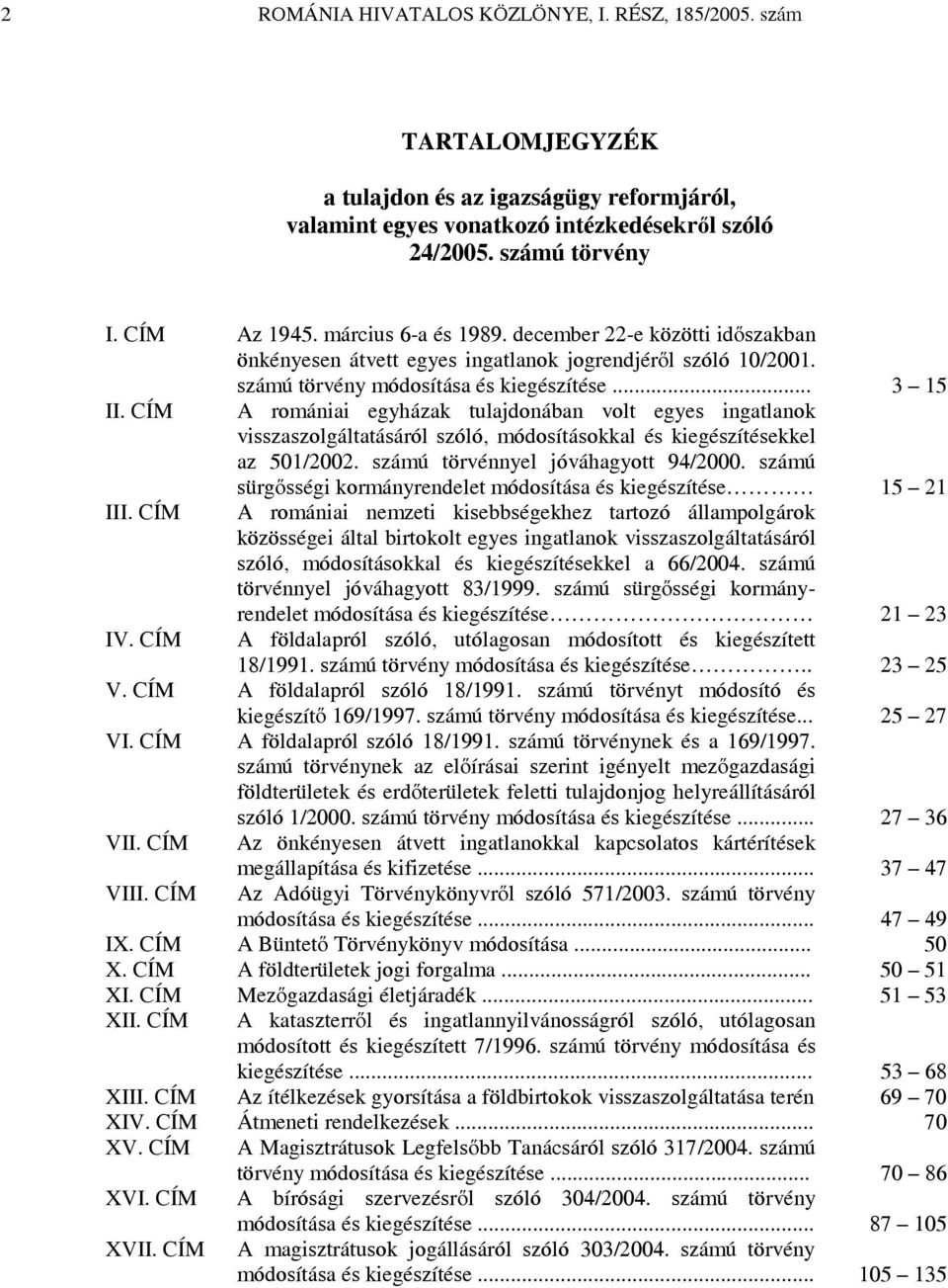 CÍM A romániai egyházak tulajdonában volt egyes ingatlanok visszaszolgáltatásáról szóló, módosításokkal és kiegészítésekkel az 501/2002. számú törvénnyel jóváhagyott 94/2000.