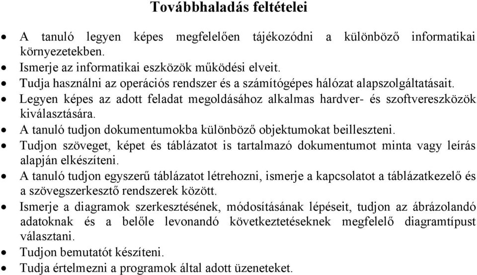 A tanuló tudjon dokumentumokba különböző objektumokat beilleszteni. Tudjon szöveget, képet és táblázatot is tartalmazó dokumentumot minta vagy leírás alapján elkészíteni.