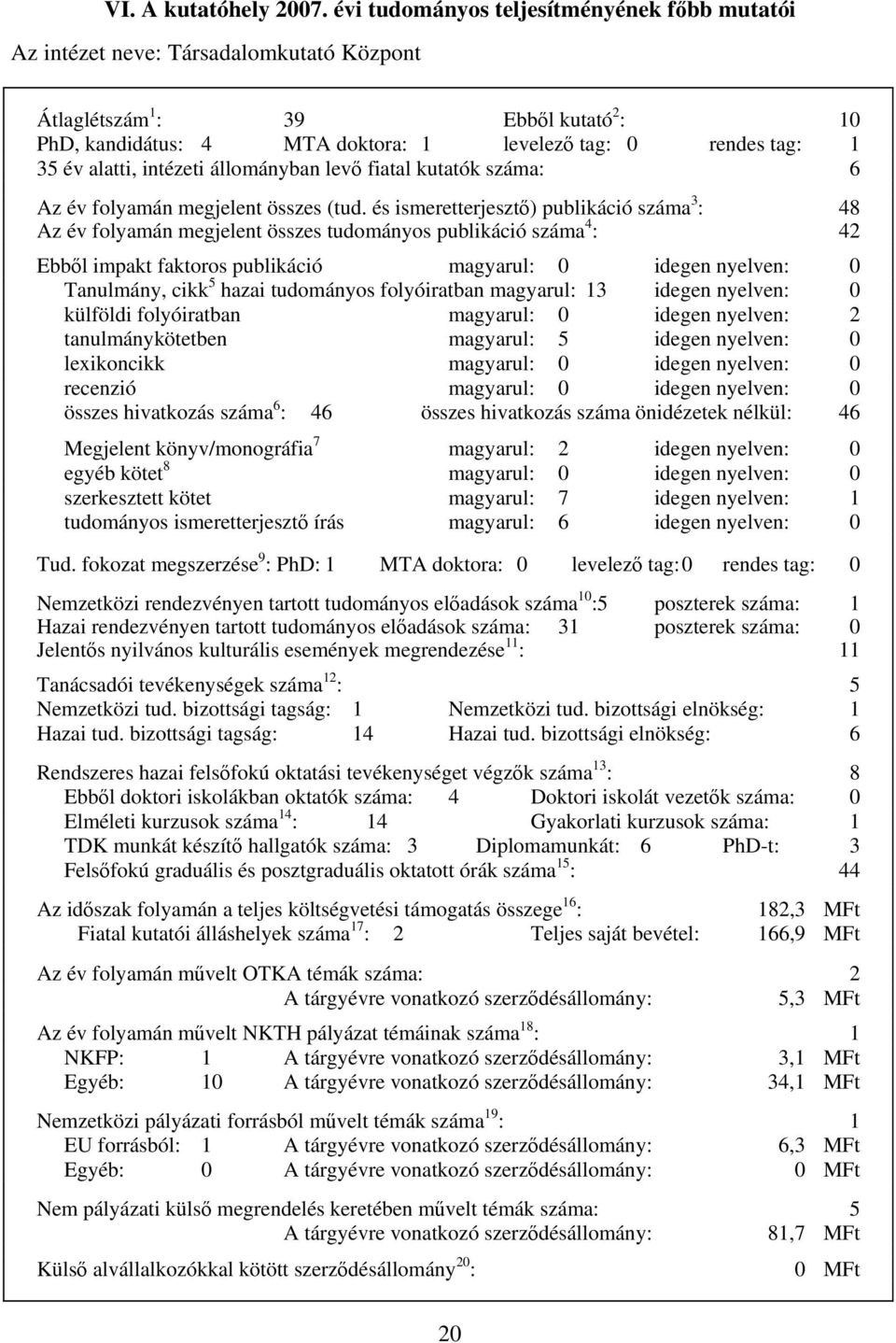 alatti, intézeti állományban levő fiatal kutatók száma: 6 Az év folyamán megjelent összes (tud.