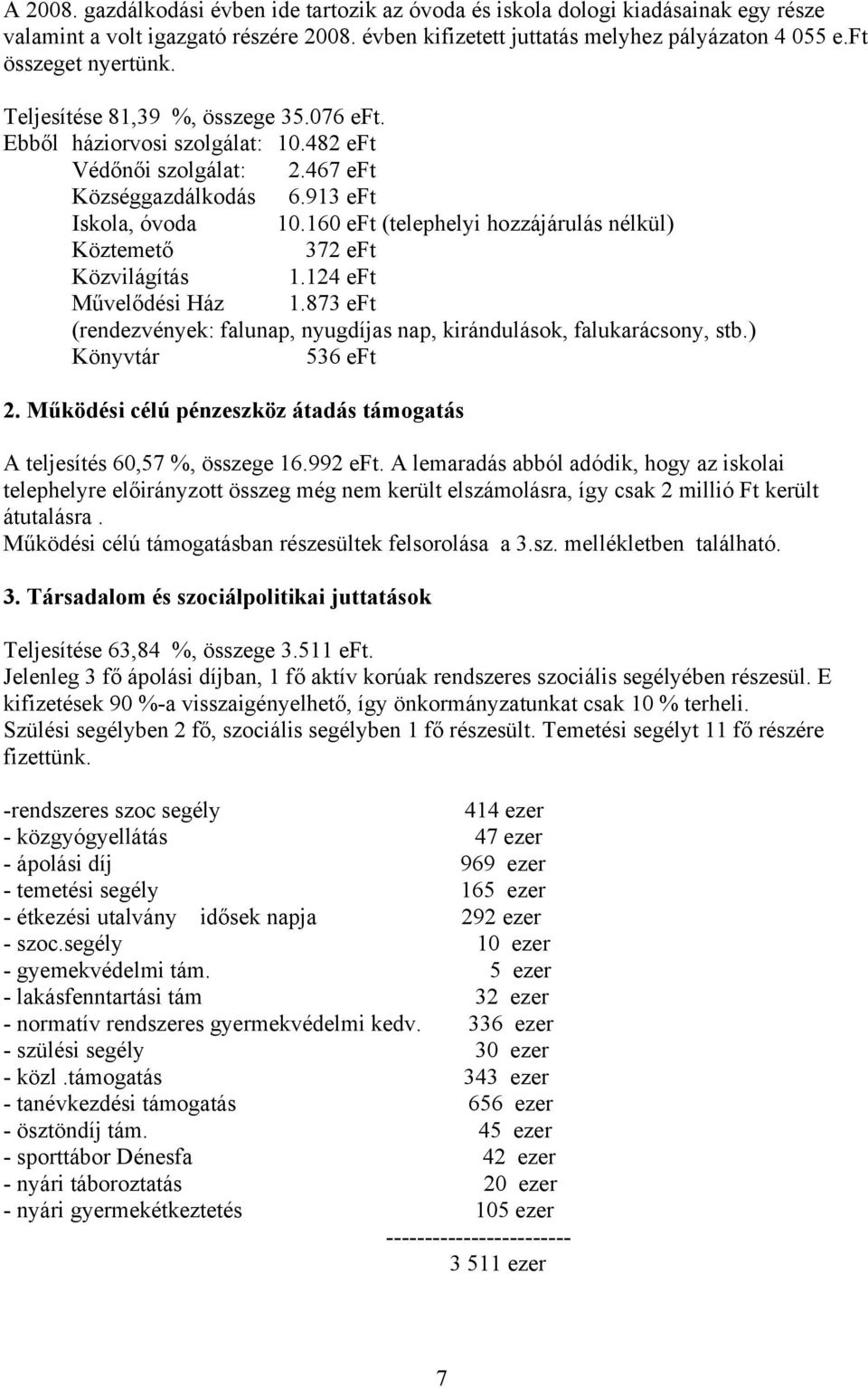 160 eft (telephelyi hozzájárulás nélkül) Köztemető 372 eft Közvilágítás 1.124 eft Művelődési Ház 1.873 eft (rendezvények: falunap, nyugdíjas nap, kirándulások, falukarácsony, stb.) Könyvtár 536 eft 2.