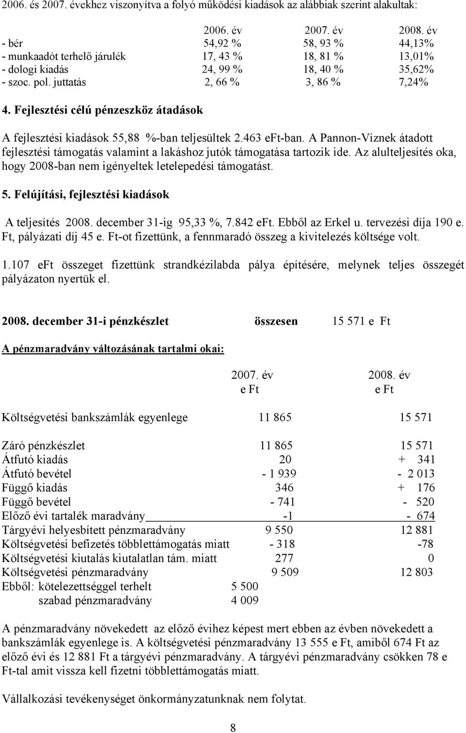 Fejlesztési célú pénzeszköz átadások A fejlesztési kiadások 55,88 %-ban teljesültek 2.463 eft-ban. A Pannon-Víznek átadott fejlesztési támogatás valamint a lakáshoz jutók támogatása tartozik ide.