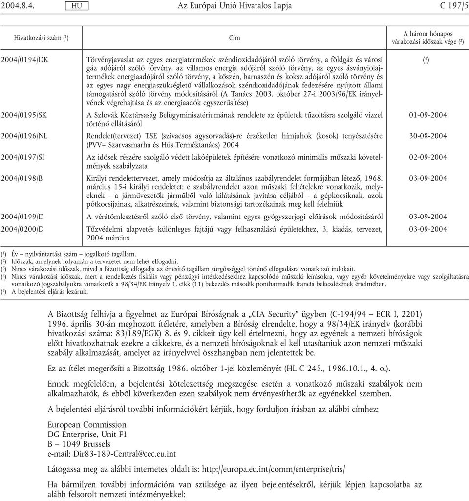 nagy energiaszükségletű vállalkozások széndioxidadójának fedezésére nyújtott állami támogatásról szóló törvény módosításáról (A Tanács 2003.