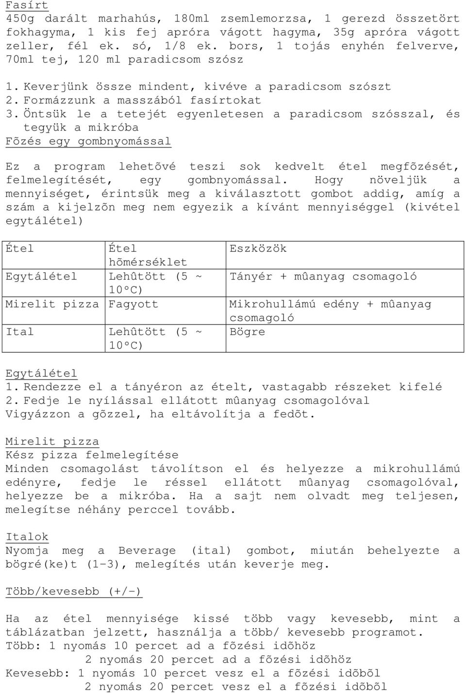 Öntsük le a tetejét egyenletesen a paradicsom szósszal, és tegyük a mikróba Fõzés egy gombnyomással Ez a program lehetõvé teszi sok kedvelt étel megfõzését, felmelegítését, egy gombnyomással.